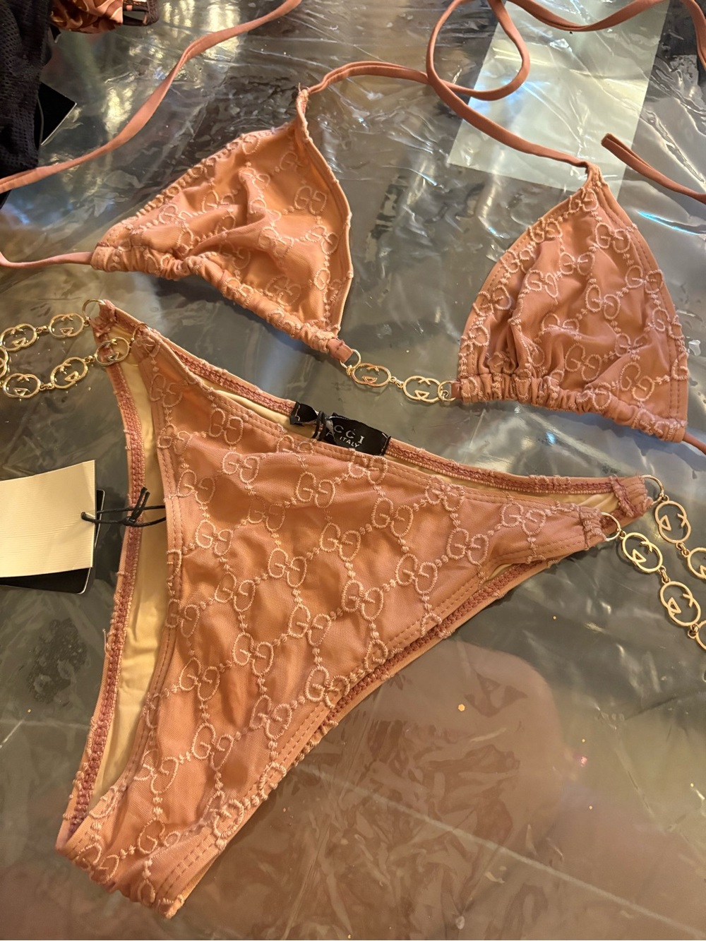 Pink Logo Embroidered Triangle Bikini Set size M